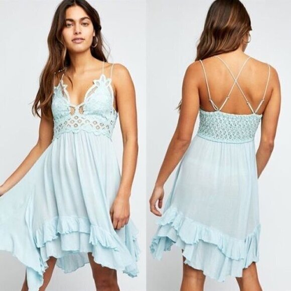 Free People Blue Seawashed Adella Slip Dress Lace Crochet Asymmetrical NWOT NEW - Picture 1 of 10